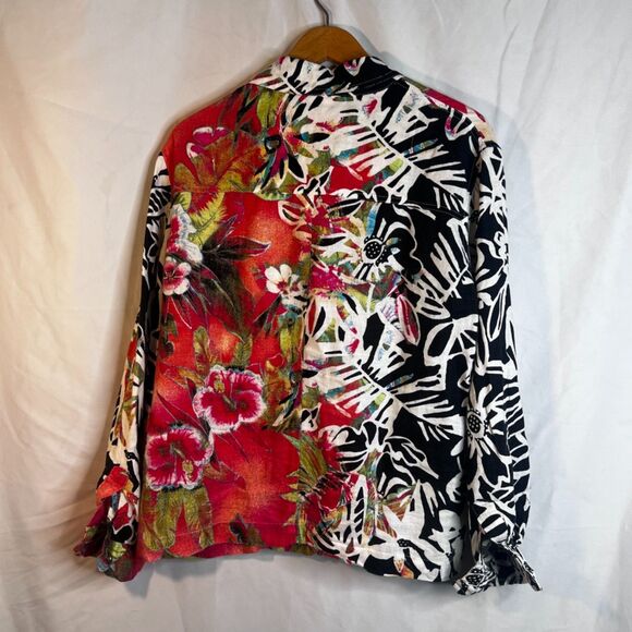 Chicos 100% Linen Bold Maximalist Button Front Mixed Print Floral Top Size 2/MD - Picture 2 of 8